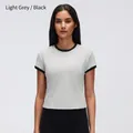 Women's athletic short sleeve contrast trim yoga T-shirt in light grey and black color - 4 / Tops / Light Gray/Black