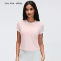 Premium women's short sleeve yoga t-shirt in baby pink with stylish white contrast trim - 4 / Tops / Girl Pink/White