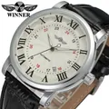 Close-up of Winner silver automatic mechanical watch with white dial and Roman numerals - Silver Case White Face Black Scale