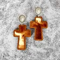 Macro detail of Western style wooden cross earrings with leopard print cowhide leather - Gray Leopard(6)