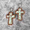 Detailed view of Western-style wooden cross earrings with textured leather inlay - Mint Green Embossed(8)