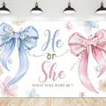 Gender Reveal Achtergrond met roze en blauwe aquarel strikken voor baby shower party - 125x80cm