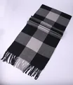 Classic black and grey large plaid men's scarf with fringe tassels for winter warmth - Black and Grey Plaid