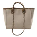 Large beige straw tote bag featuring brown faux leather trim and silver chain strap - Large / Khaki