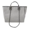 Large capacity grey tote bag with chain strap and woven texture detail. - Large / Gray