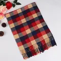Classic red and navy blue plaid winter scarf for men with soft tassel fringe details - Colorful Nine-Grid