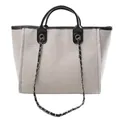 Large capacity beige canvas tote bag with black faux leather trim and silver chain strap - Large / White