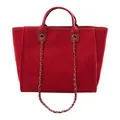 Large red woven tote bag featuring silver chain strap and elegant top handles for women - M / Red