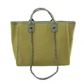 Large capacity green canvas tote bag featuring leather handles and decorative chain strap - M / Green