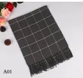 Classic dark grey British plaid men's winter scarf with soft fringe and tassel detail - Grey Windowpane Plaid (A01)