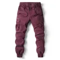 Men's burgundy cargo joggers featuring drawstring elastic waist and ribbed cuffs - 38 / Burgundy