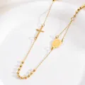 Detail van gouden rozenkrans ketting van roestvrij staal 3mm met kruis en religieuze medaille. - Gouden Priester