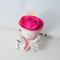 Detailed view of mini soap rose bouquet with pink wrap and Best Wishes tag - Rose Magenta