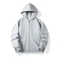 Solid gray zip-up terry hoodie for men and women featuring a front pocket and hood. - Gray