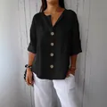 Haut décontracté pour femme en lin noir à col en V, coupe ample, chemisier léger d'été - Noir