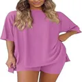 Casual purple two-piece lounge set featuring an oversized t-shirt and biker shorts - XS / Violet