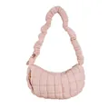 Pink quilted puffer dumpling bag featuring a unique ruffled shoulder strap design - Pink