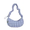 Chic light blue quilted crescent bag featuring a unique pleated ruffled shoulder strap - Blue