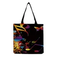Detail view of black tote bag with colorful musical notes and butterfly print design. - Black Music Butterfly Style (hm3604)