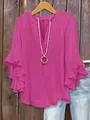 Detail of pink V-neck blouse with elegant ruffled sleeves and lightweight fabric - Rose Red