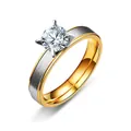 Tweekleurige roestvrijstalen ring met matte afwerking en ronde zirkonia met 4 klauwen - Maat 6 / 4MM Dames Stijl Met Zirconia (TS042)