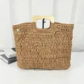 Large capacity retro woven straw handbag with stylish square wooden handle for beach use - Tan