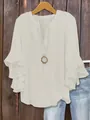 Detail view of a white V-neck blouse with elegant ruffle 3/4 sleeves for women - Apricot