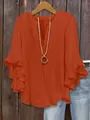Detail view of orange V-neck blouse with elegant tiered ruffle sleeves and casual fit - Orange Red