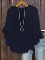 Elegant navy blue V-neck blouse featuring stylish tiered ruffle 3/4 sleeves for women. - Navy Blue