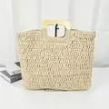 Handmade vintage straw beach bag with wooden handle, large capacity woven summer tote bag - Off White