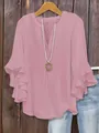 Detailed view of pink V-neck blouse featuring elegant layered ruffle sleeves. - Pink