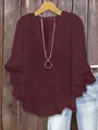 Maroon V-neck blouse featuring elegant tiered ruffle sleeves and a loose casual fit. - Burgundy