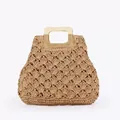 Sac de plage rétro en paille tressée avec poignée en bois et motif de coquillage - Marron (Motif Coquillage)