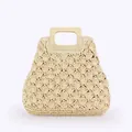 Beige vintage straw woven beach tote bag with a square wooden handle variant view - Beige (Shell Pattern)