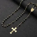 Elegant stainless steel black bead rosary necklace with gold crucifix and medal - Black Beads / 6mm / Gold