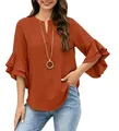 Women's solid orange V-neck blouse with elegant ruffle sleeves for a chic casual style. - Brick Red