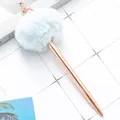 Elegant rose gold metal ballpoint pen with a fluffy light blue pom-pom and flamingo top - Light Blue Pompom Flamingo