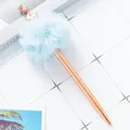 Rose gold swan ballpoint pen with light blue pom pom and crown detail. - Blue Pompom Swan
