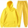 Bright yellow men's hooded sweatshirt and matching sweatpants sports tracksuit set. - S / Top And Bottom / Yellow