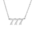 Detailed view of silver stainless steel necklace with Gothic 777 angel number pendant. - Steel (777)