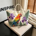 Cremewitte canvas draagtas met een levendige print van papegaaien en paarse bloemen - 44X31CM / Papegaai en Bloemen Print Stijl (款式1)