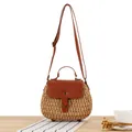 Retro straw woven shoulder bag with brown leather flap for beach vacation style - Camel