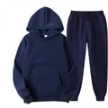Navy blue men's solid color hooded sweatshirt and sweatpants casual 2-piece set - S / Top And Bottom / Navy Blue