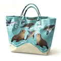Waterdichte PVC canvas draagtas met leuke prints van oceaanzeehonden en dolfijnen - 44X31CM / Cartoon Zee-element Print Stijl (款式7)