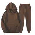 Men's brown solid color hooded tracksuit two-piece set with front pocket - 3XL / Top And Bottom / Coffee