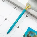 Teal metal ballpoint pen with a large clear crystal diamond top in gold claw setting - Light Blue / 1.0mm Bullet Tip