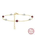 S925 sterling silver anklet with 14K gold plating, silver beads and maroon stones - SA47-14K-P / 925 Silver