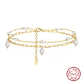 Elegant S925 sterling silver 14K gold plated layered anklet with white pearls decoration. - SA51-14K / 925 Silver
