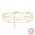 Elegant multi-layered S925 sterling silver pearl anklet with 14K gold plating finish. - SA52-14K / 925 Silver