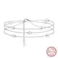 Multi-strand S925 sterling silver anklet with white pearl beads and lobster clasp - SA52-P / 925 Silver